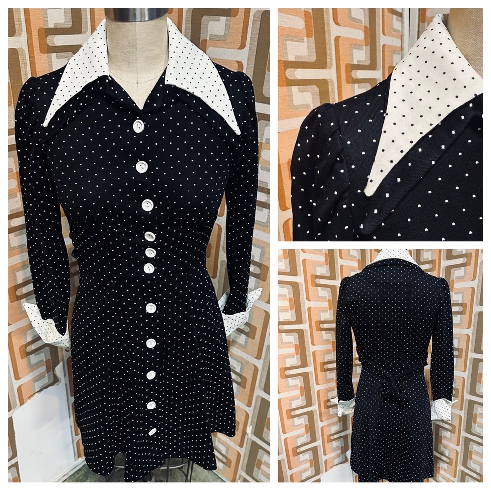 Vintage 1960s Handmade Bold Double Collar Black and White Polka Dot Dress